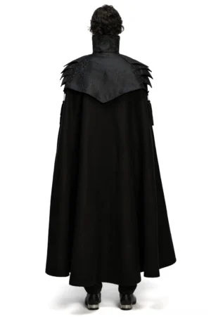 Victorian gothic shoulder armor cape rear view - model showcasing hidden high collar and floor-length black silhouette