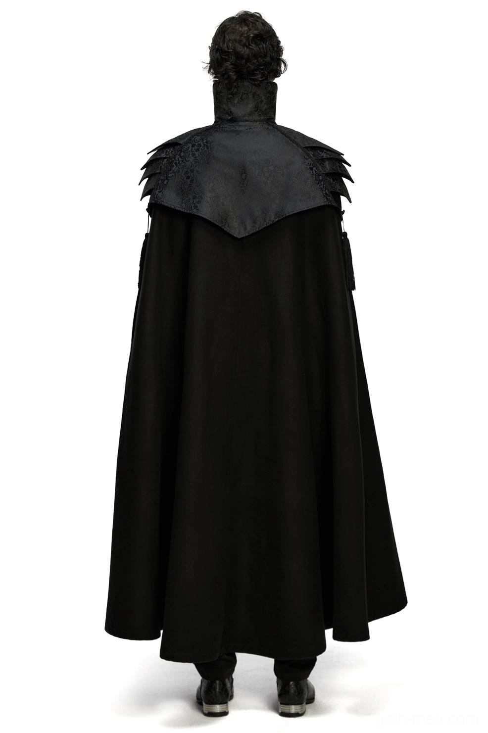 Victorian gothic shoulder armor cape rear view - model showcasing hidden high collar and floor-length black silhouette