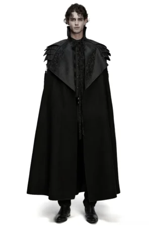 Victorian gothic shoulder armor cloak front view - male model wearing all-black structured layered shoulder pauldrons and floor-length cape