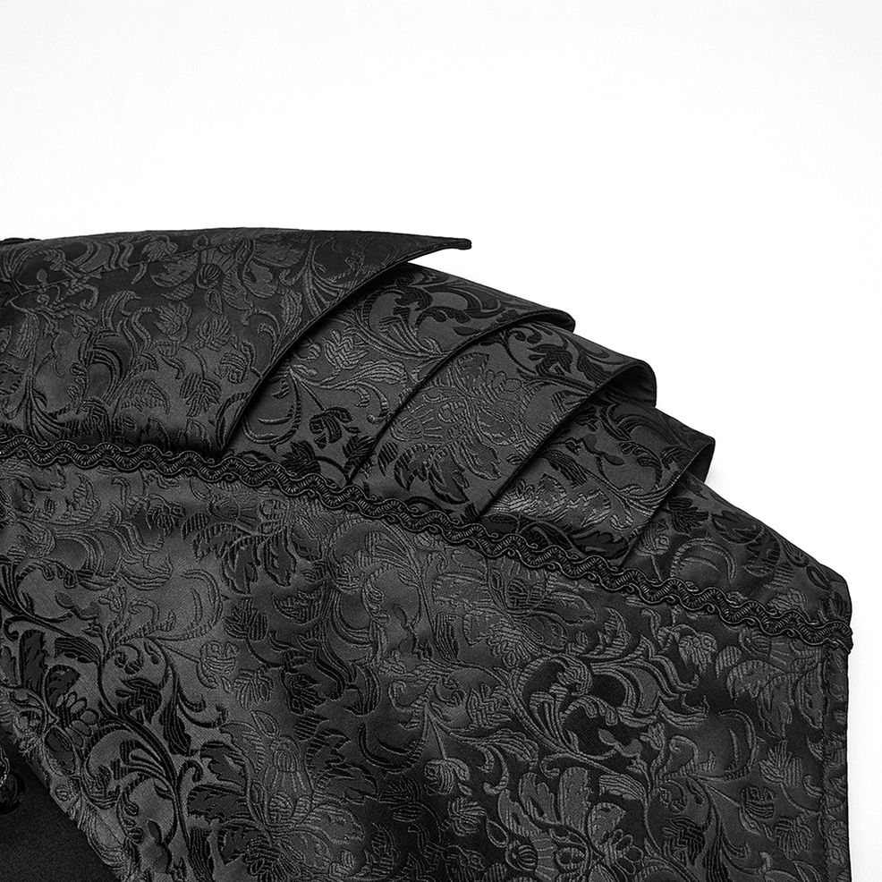 Victorian gothic shoulder armor trim close-up - layered jagged pauldrons with vintage floral jacquard texture