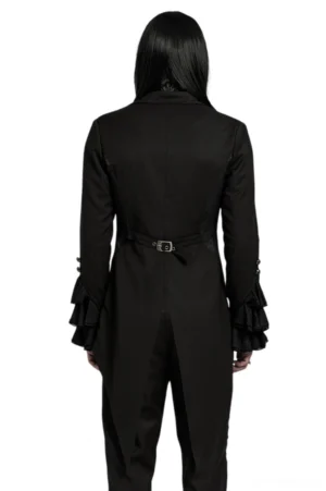 Black Victorian gothic tailcoat rear view on male model showing waist belt with metal buckle and tailored back design