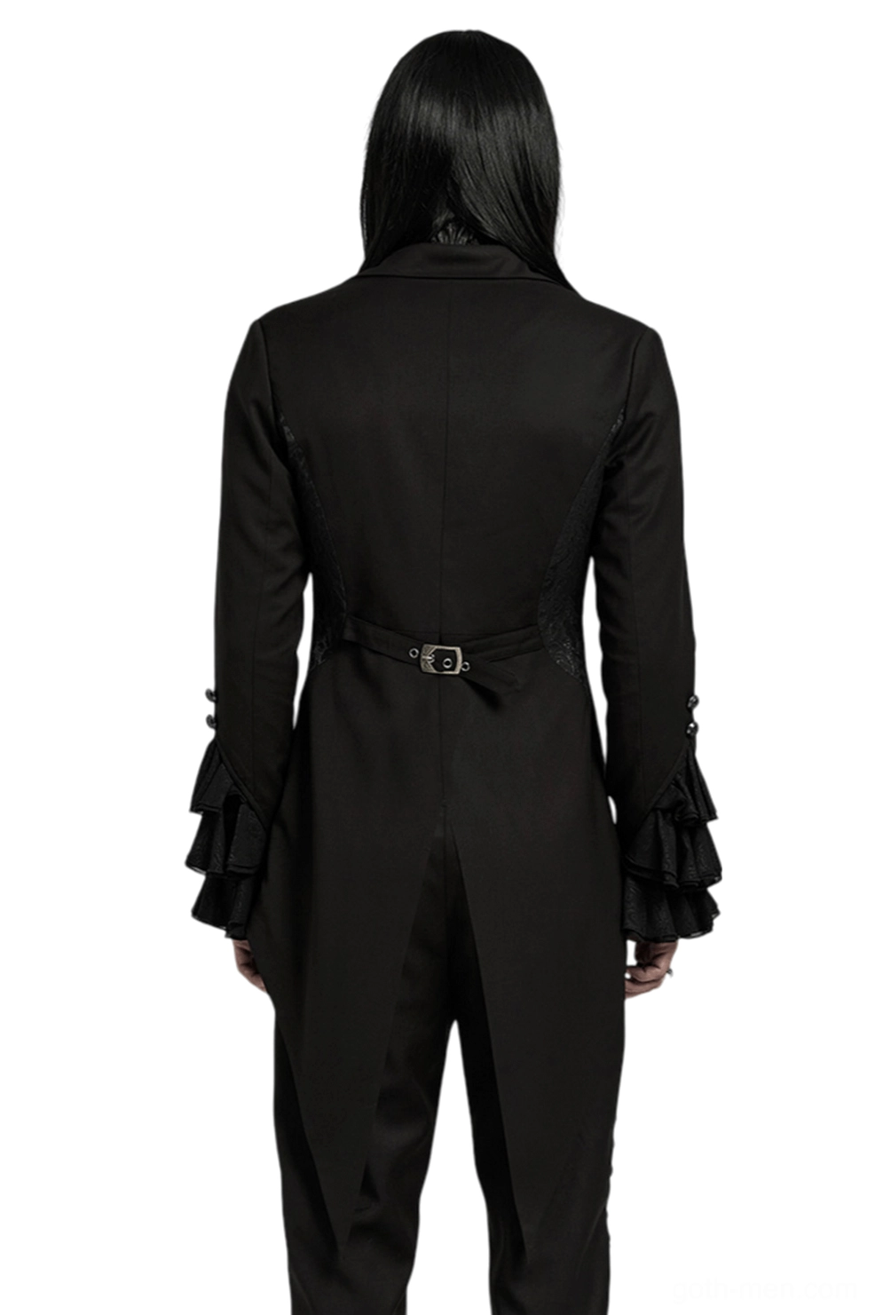 Black Victorian gothic tailcoat rear view on male model showing waist belt with metal buckle and tailored back design