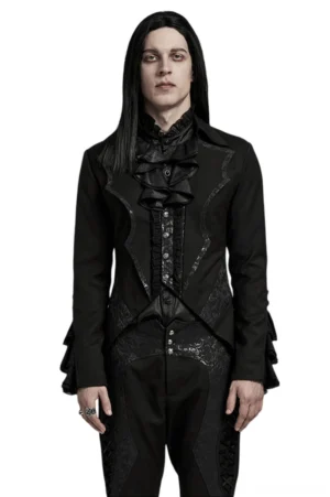 Black Victorian bat collar gothic tailcoat front view on male model, featuring ruffled cuffs and asymmetric tail hem in studio setting