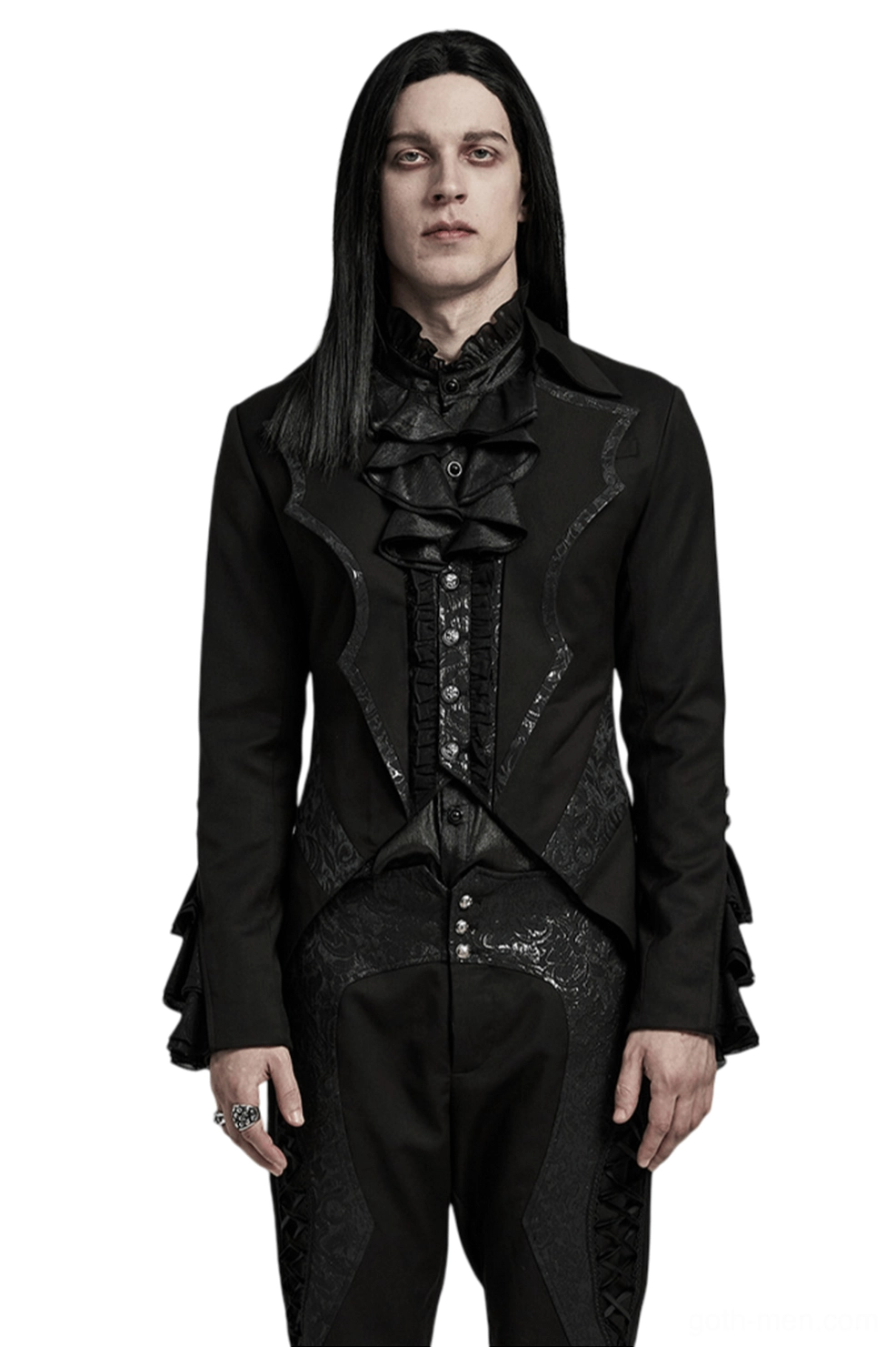 Black Victorian bat collar gothic tailcoat front view on male model, featuring ruffled cuffs and asymmetric tail hem in studio setting