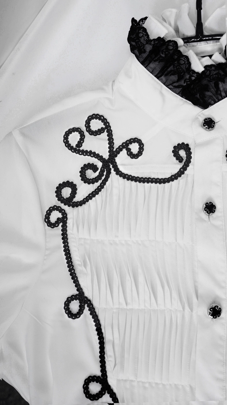 Complete front view of white gothic men's shirt showcasing Victorian lace collar and romantic aesthetic