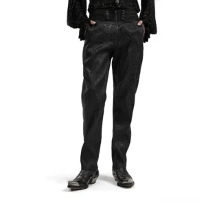 Victorian jacquard slim-fit gothic men's trousers front view on model