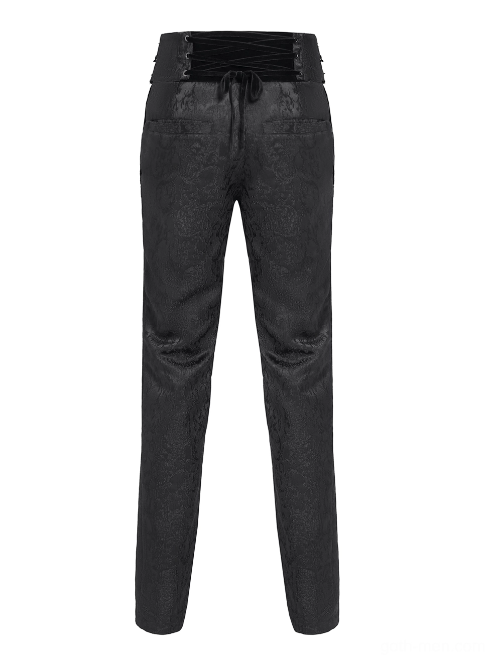 Black Victorian jacquard pants front flat lay - showing velvet drawstring waist detail and solid black brocade fabric texture