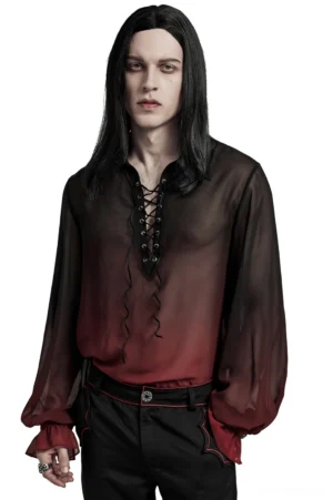 Front view of Victorian lace-up sheer chiffon gothic shirt for men, featuring ombre gradient black to wine red design with metal eyelets and lantern sleeves