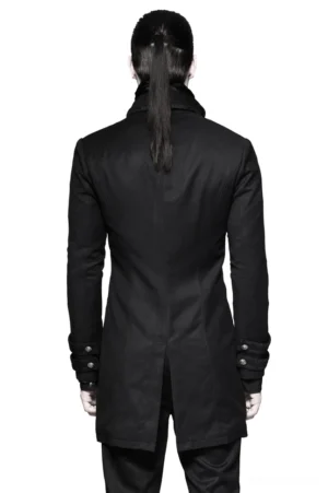 Men's black gothic tailcoat rear view showing extended tail hem and tailored back seams on model