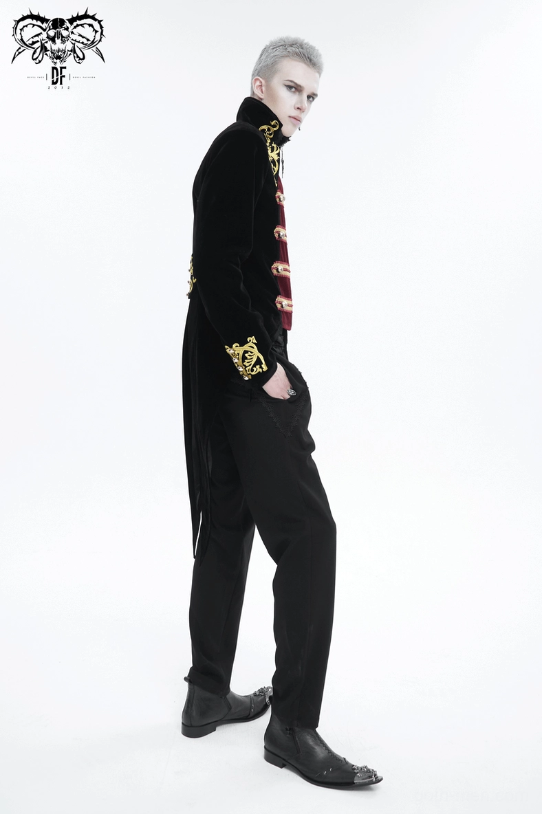 Victorian tailcoat with gold embroidery showcasing baroque design and metal button details