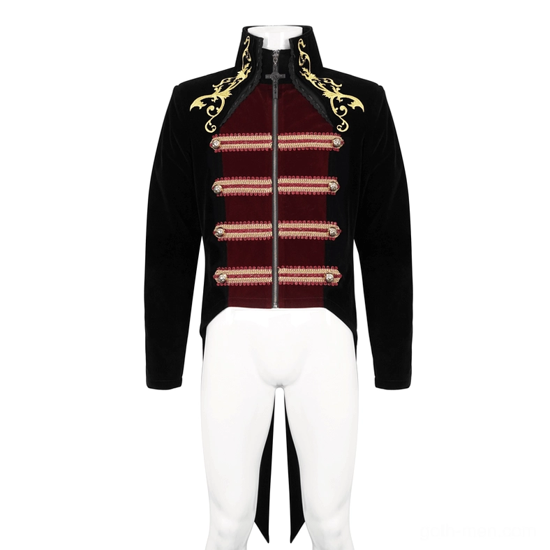 Stand-up collar tailcoat black red and gold color scheme on mannequin display