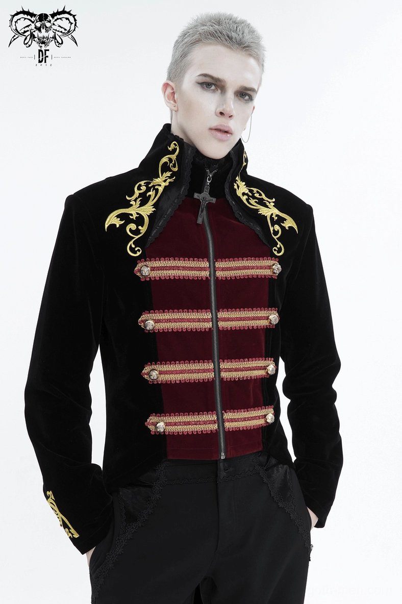 Victorian gothic tailcoat full length view highlighting stand-up collar architectural design