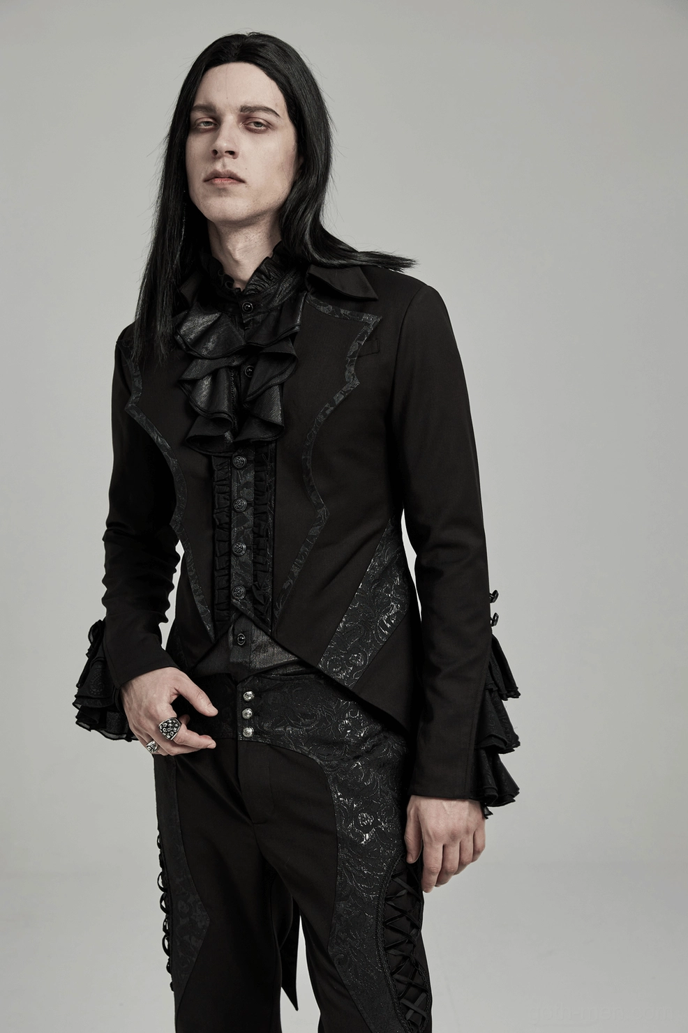 Victorian bat collar gothic tailcoat pocket detail and interior construction view