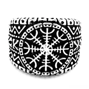 Viking Aegishjalmur protection ring front view - centered rune design with geometric border engravings