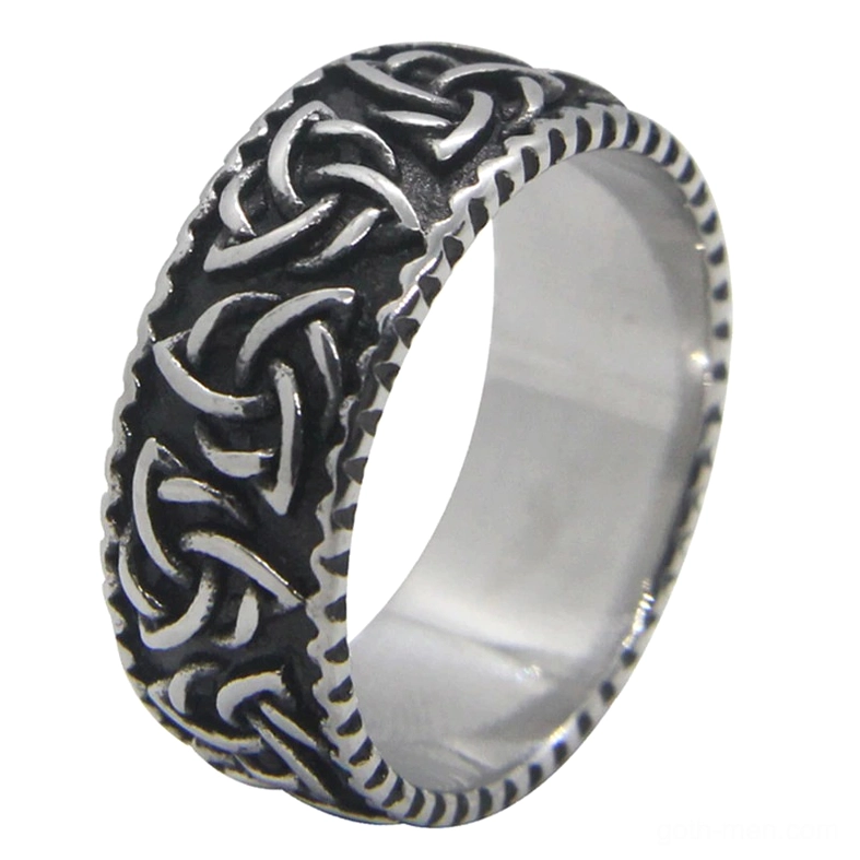 Viking Celtic knot gothic ring frontal top-down view showing two-tone black and silver finish with intricate knot engraving