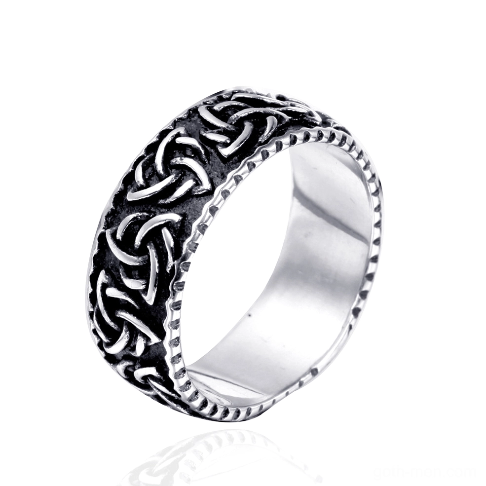 Viking Celtic knot gothic ring worn on human finger showing real-world wearing effect and two-tone aesthetic