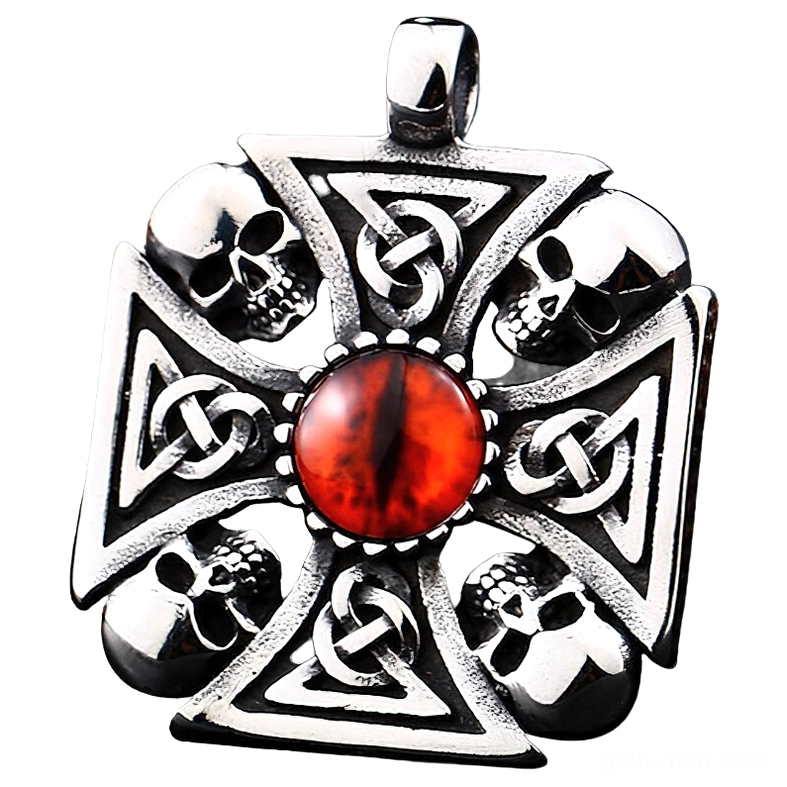 Viking-Celtic skull gothic pendant with red snake eye center stone and intricate Celtic knot detailing in stainless steel, front overhead studio view