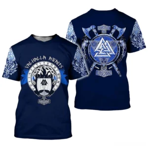 Norse mythology gothic t-shirt back view featuring Valknut, double axes and Celtic knotwork design