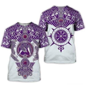 Celtic wolf mandala gothic t-shirt back view showing intricate Norse mythology print in purple tones