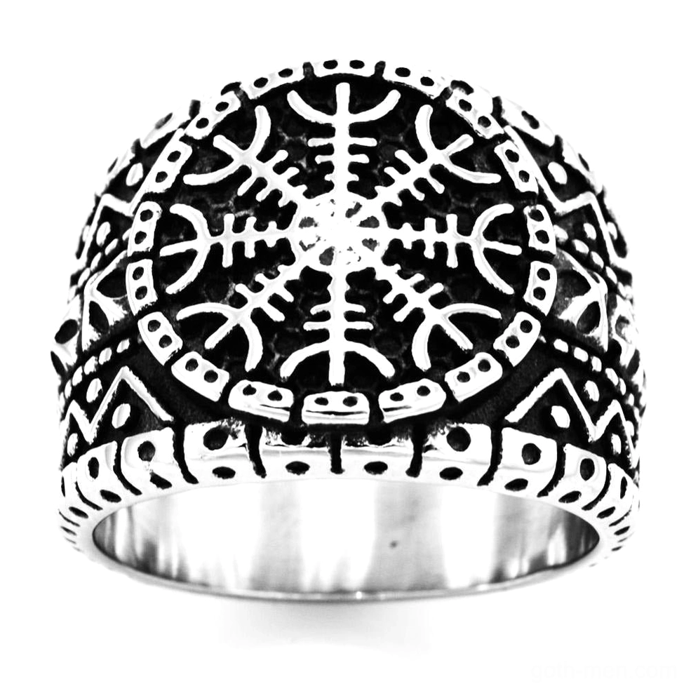Viking Helm of Awe stainless steel ring front view - prominent central Aegishjalmur rune symbol