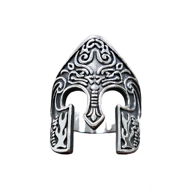 Nordic warrior helmet gothic ring in antique silver with embossed totem carvings, flat lay front view
