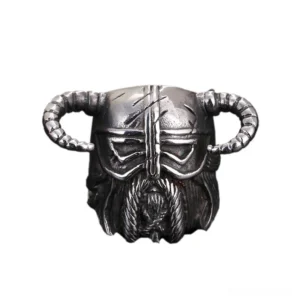 Viking horned warrior helmet ring front view - antique dark silver stainless steel with carved beard and horn details