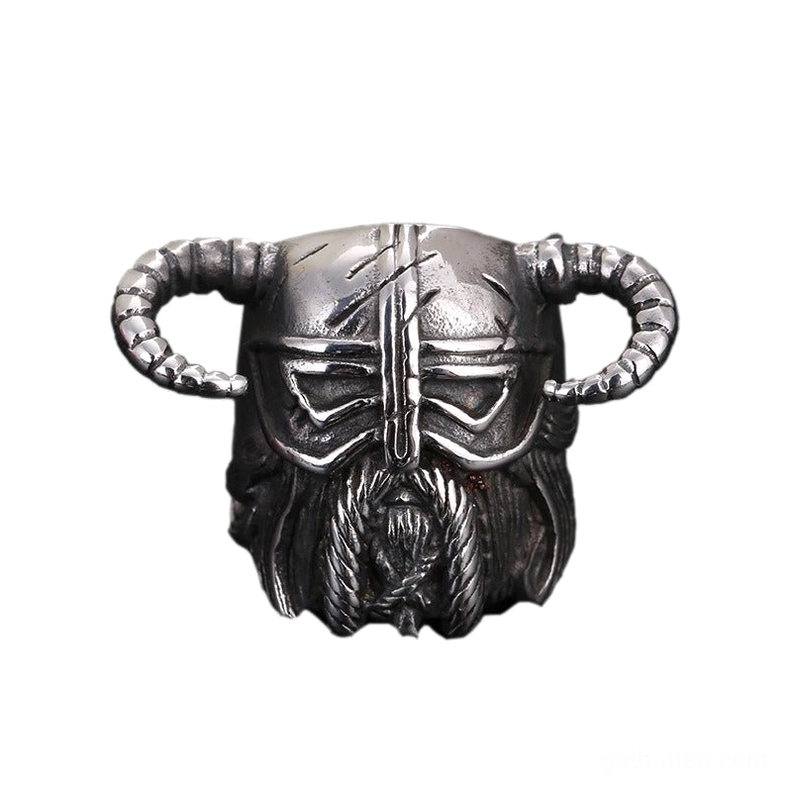 Viking horned warrior helmet ring front view - antique dark silver stainless steel with carved beard and horn details