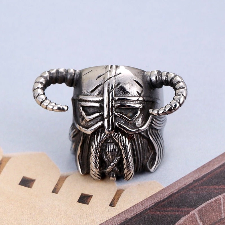Stainless steel viking helmet ring polished silver - bright direct front view showing helmet horns and beard
