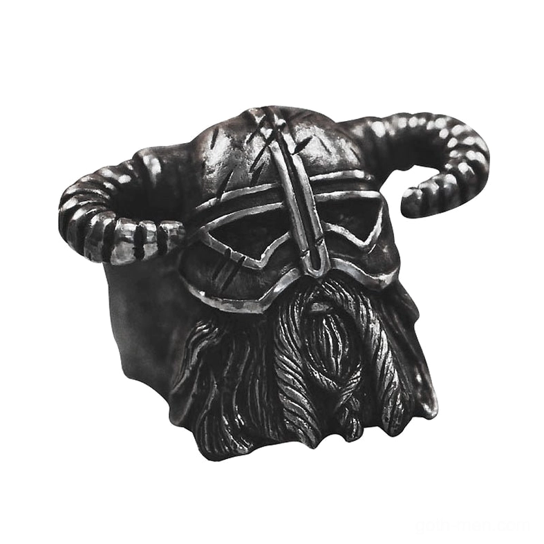 Nordic warrior helmet ring oblique side angle - weathered black metal finish with intricate carved details