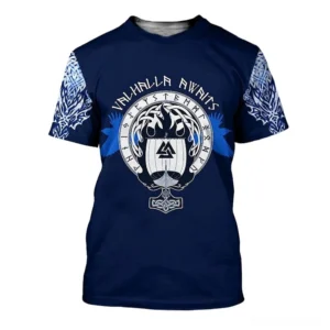 Dark blue Viking rune circle graphic tee with warship and mythological dragons front print, flat lay display