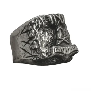 Viking rune signet ring side view, aged silver finish with embossed Nordic engravings, gothic biker jewelry for men