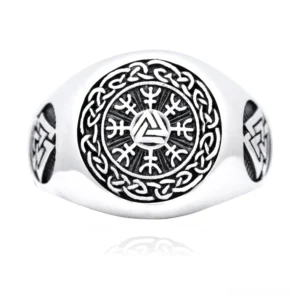 Gothic Viking Vegvisir compass ring frontal view - stainless steel Valknut signet with Celtic interlace border and dual side engravings
