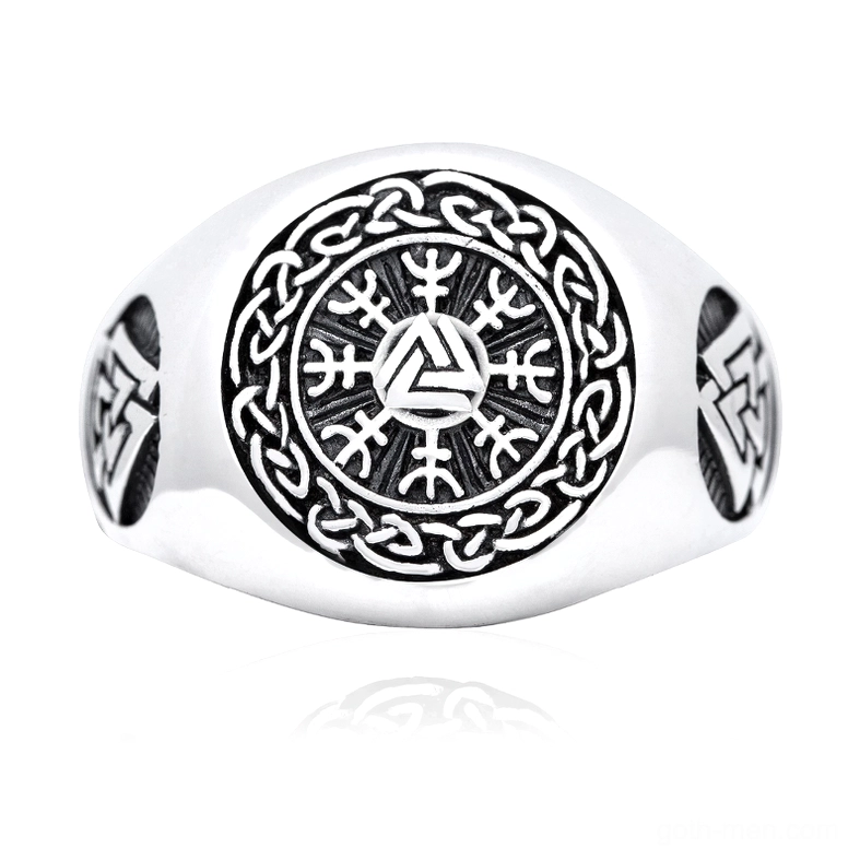 Gothic Viking Vegvisir compass ring frontal view - stainless steel Valknut signet with Celtic interlace border and dual side engravings