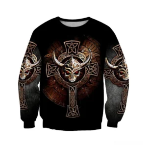 Black Viking skull gothic sweatshirt with Celtic knot print, crew neck design, full-length sleeves on dark background