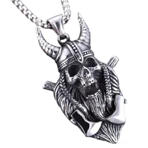 Viking skull warrior axe pendant front view - gothic stainless steel necklace - vintage silver finish