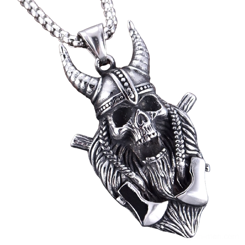 Viking skull warrior axe pendant front view - gothic stainless steel necklace - vintage silver finish