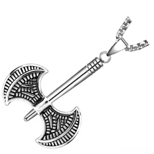 Viking axe pendant side angle view showing engraved blade details polished stainless steel