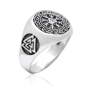 Viking Valknut signet ring stainless steel - left oblique angle view showing Celtic knot engraving and side Valknut emblem with silver tone and black patina details