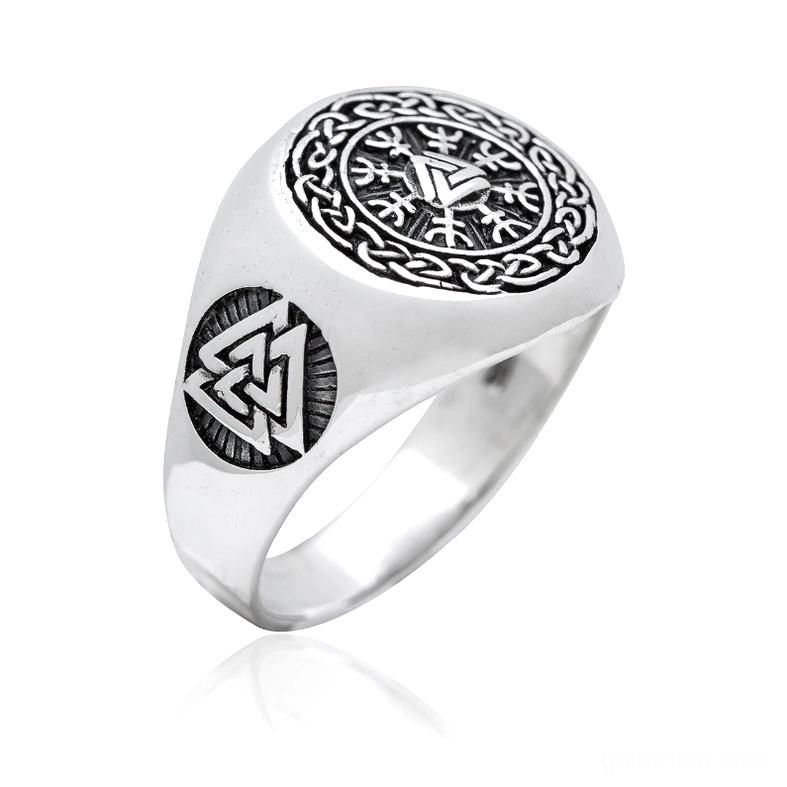 Viking Valknut signet ring stainless steel - left oblique angle view showing Celtic knot engraving and side Valknut emblem with silver tone and black patina details