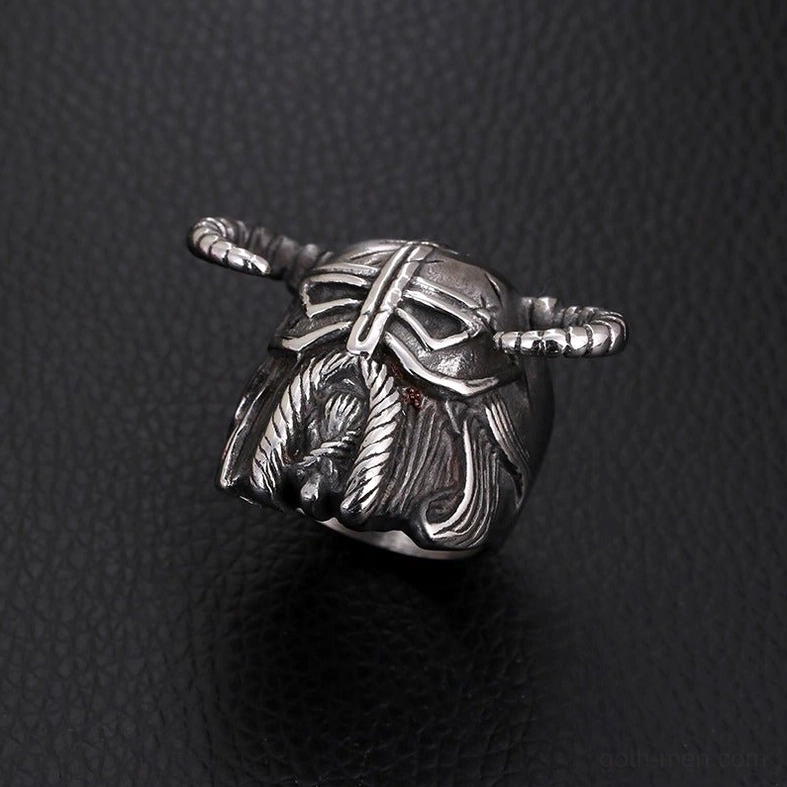Viking warrior helmet gothic ring - stainless steel with dual horns and intricate Norse-inspired carvings