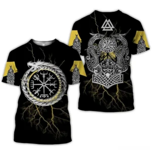 Norse mythology Viking warrior graphic t-shirt featuring Mjolnir hammer and Valknut symbol, back view display on white background