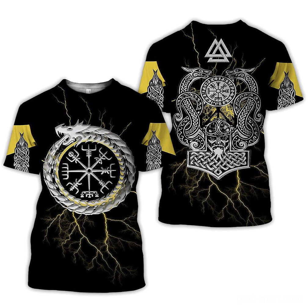 Norse mythology Viking warrior graphic t-shirt featuring Mjolnir hammer and Valknut symbol, back view display on white background