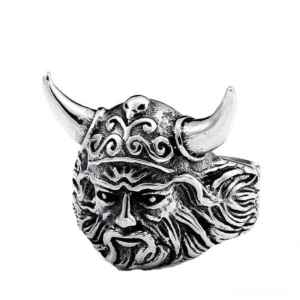 carved-viking-warrior-head-ring-stainless-steel-front-view-with-horned-helmet