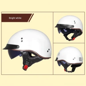 DOT certified vintage biker helmet multi-angle product display showcasing white shell, protective visor, and safety buckle from multiple perspectives