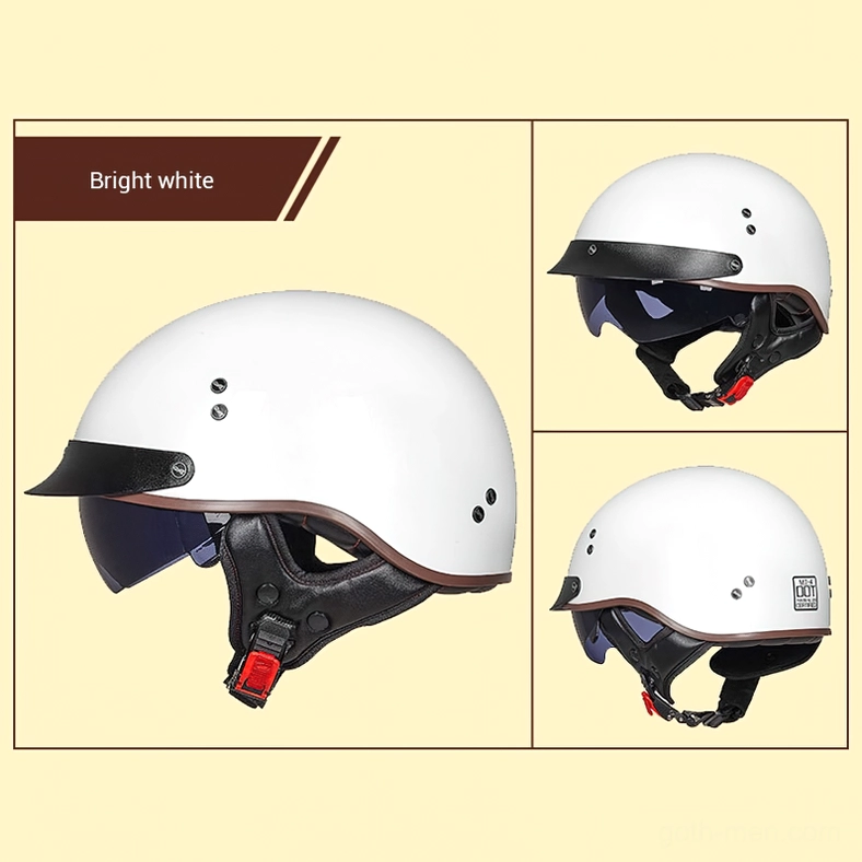 DOT certified vintage biker helmet multi-angle product display showcasing white shell, protective visor, and safety buckle from multiple perspectives
