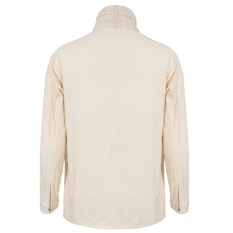 Vintage shirt rear panel display on mannequin, beige cotton fabric with smooth back fit and slit long sleeves