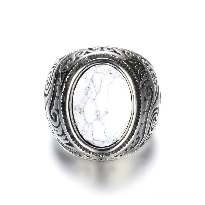 Vintage gothic flat-face stainless steel ring with white cracked stone and hand-carved scrollwork band, front view