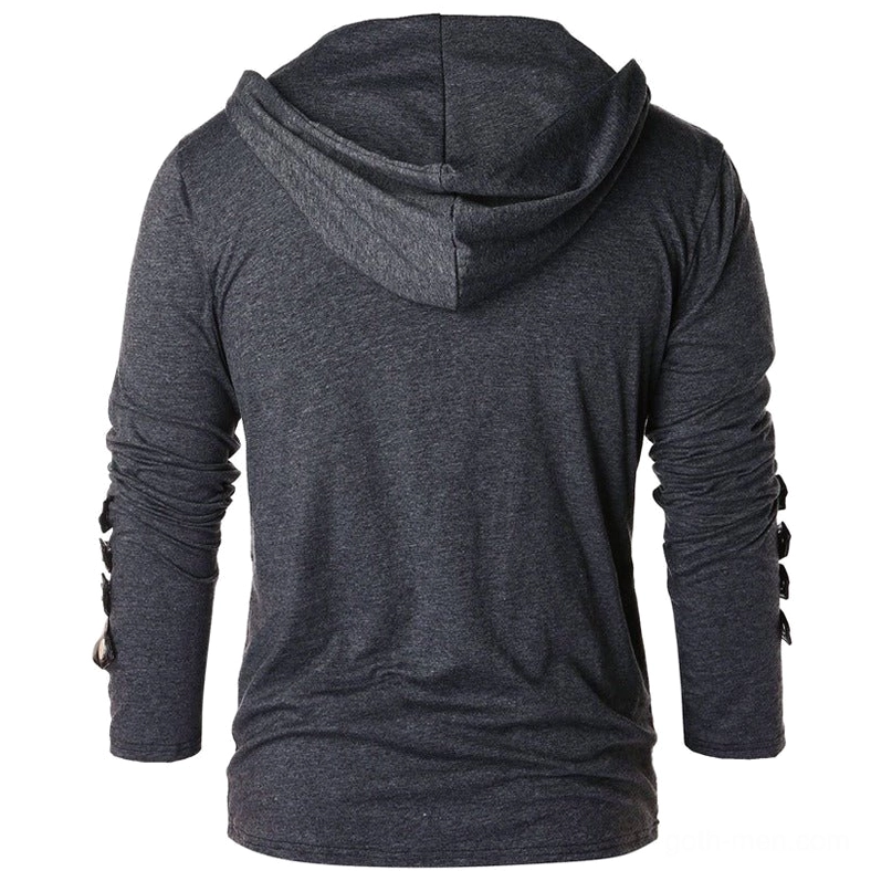 Men's pullover gothic hoodie with lace-up side cuffs and attached hood - back view showing tactical design details