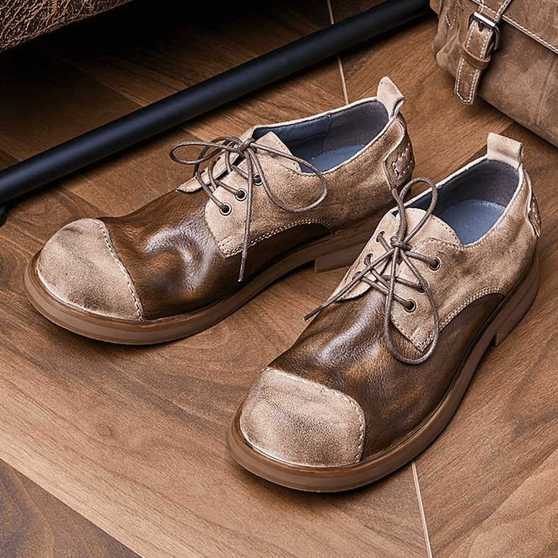 Vintage men's dark brown leather lace-up gothic boots flat three-quarter view on wooden floor with leather bag and accessories