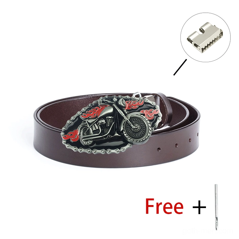 Motorcycle-themed leather biker belt displaying vintage finish metal buckle with decorative motorcycle motif and chain border
